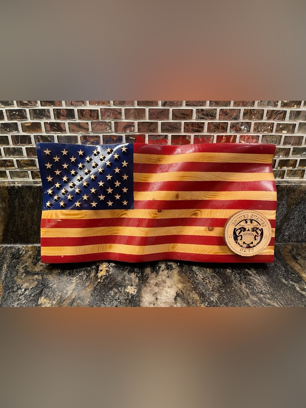 Handcrafted Wooden American Flag Wall/Shelf Art - Red, Blue, Natural Wood